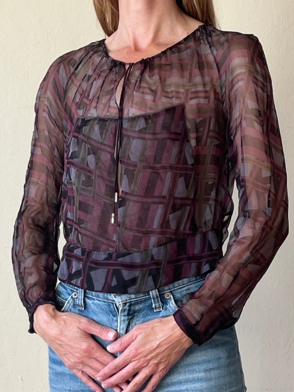 Gucci silk geometric print keyhole neckline blouse
